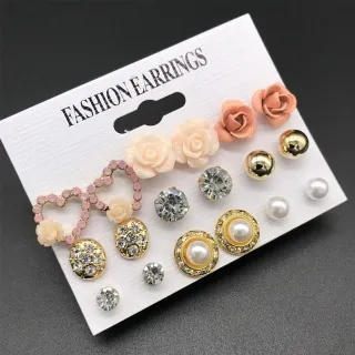 Classic Crystal Pearl Stud Earring Set (9 pairs)